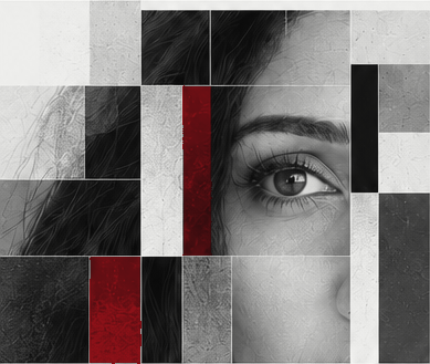 A monochrome eye portrait arranged within a textured geometric collage