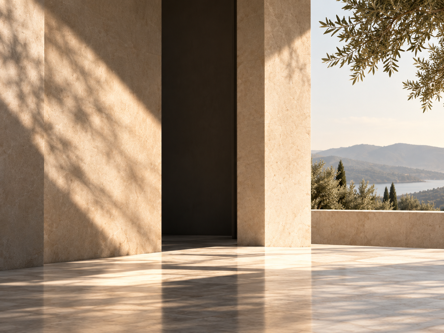 Warm stone, olive branches, and distant hills in natural light